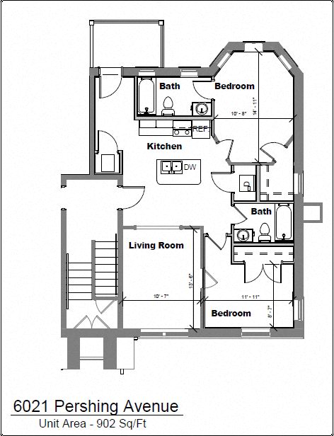 Floor plan for 2 beds, 2 baths, 902 sqft